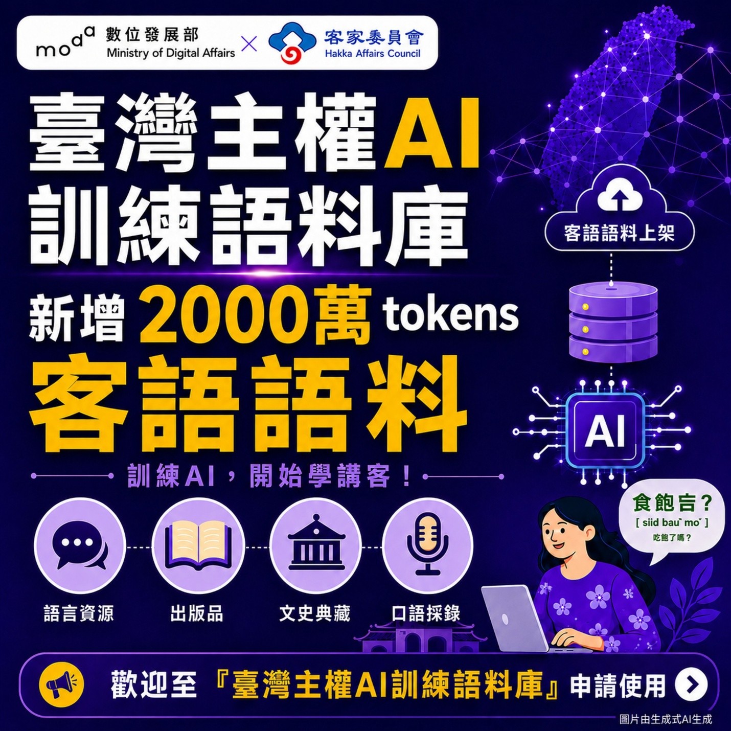 數發部「臺灣主權AI訓練語料庫」新增2000萬tokens客語語料 充實本土AI語言資料基礎